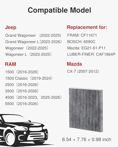 Puroma Cabin Air Filter with Activated Carbon Replacement for CF11671 6090C CAF1864P Mazda EG2161P11 Jeep Grand Wagoneer Wagoneer Mazda CX7 RAM 1500 1500 Classic 2500 3500 4500 5500 - Image 3