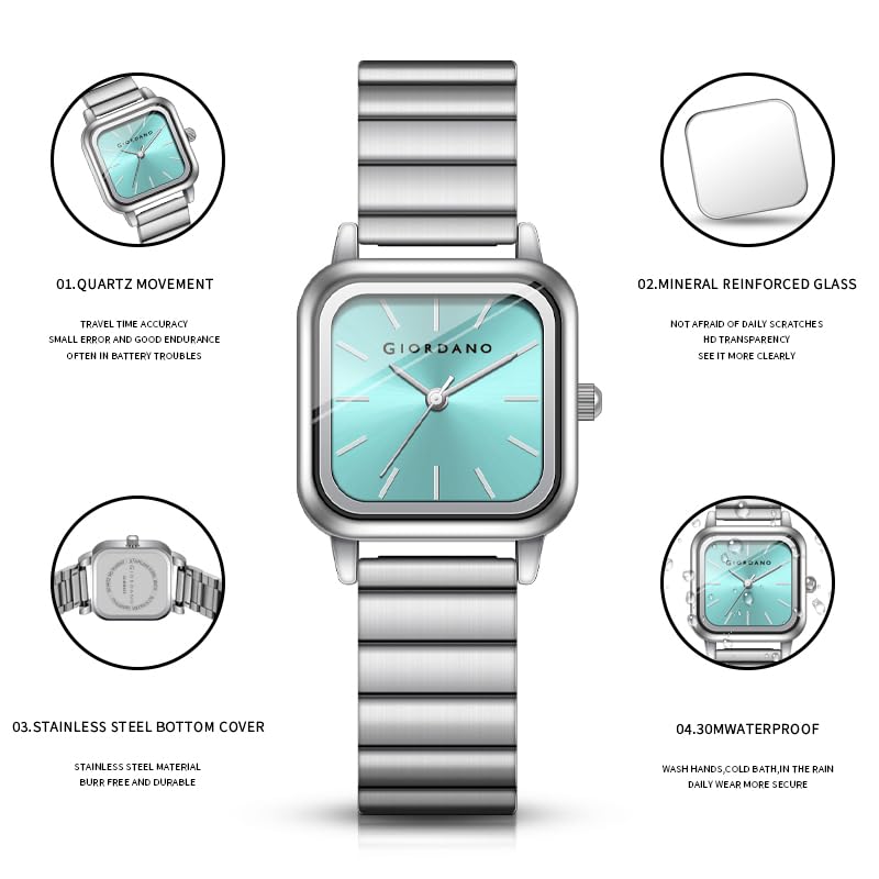 Giordano Classic Square Watch for Women – Polished Stainless Steel Strap, Minimalist Compact Design - Image 5