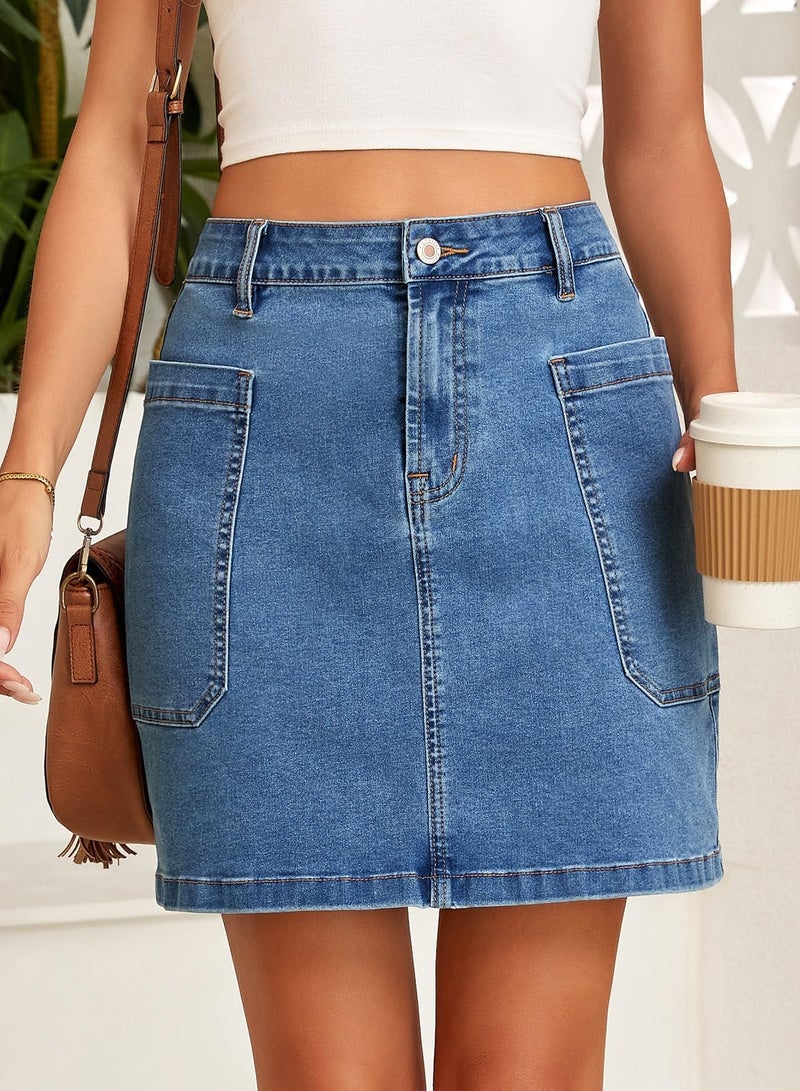 Sidefeel Women's Jean Skirt High Waisted Stretchy Casual Denim Above Knee Skirts with Patch Pockets Light Blue Medium - Image 4