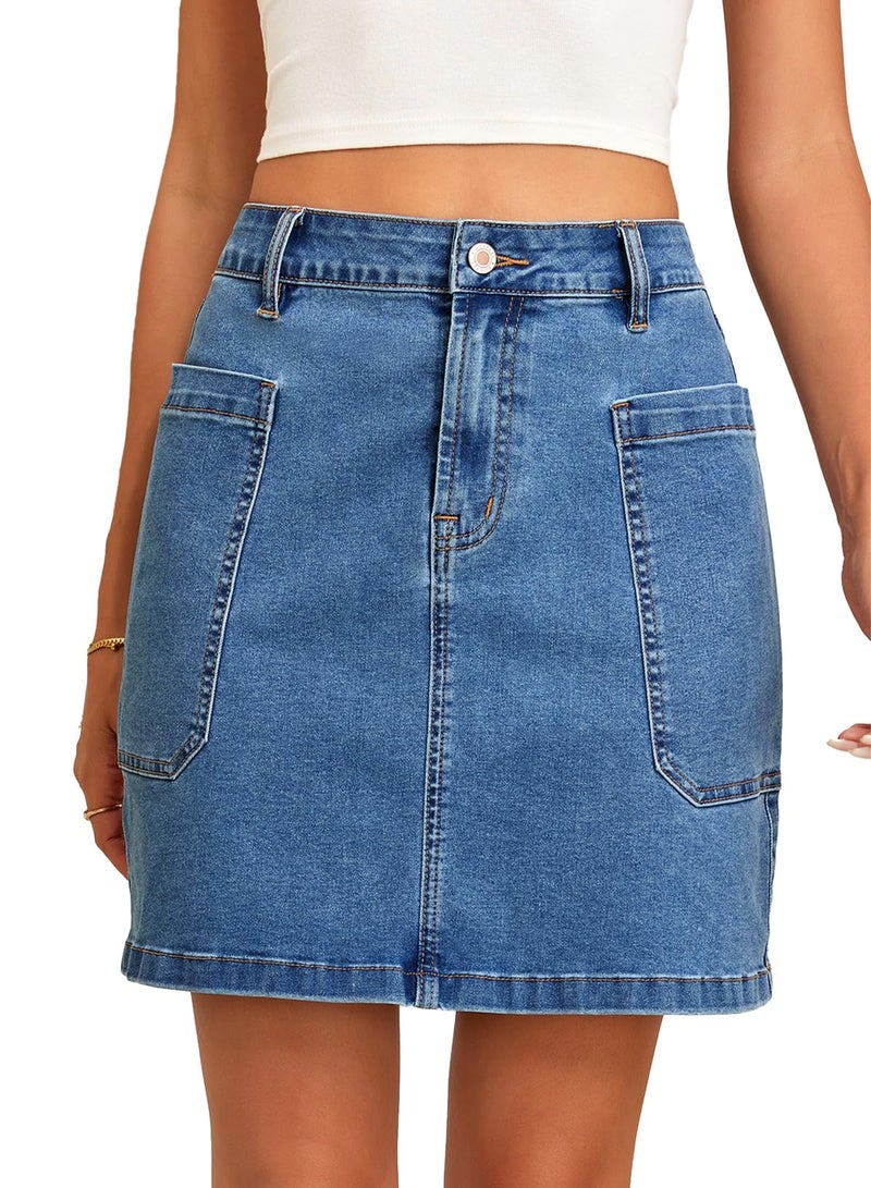 Sidefeel Women's Jean Skirt High Waisted Stretchy Casual Denim Above Knee Skirts with Patch Pockets Light Blue Medium - Image 1