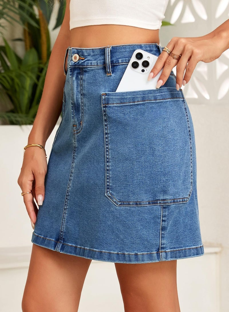 Sidefeel Women's Jean Skirt High Waisted Stretchy Casual Denim Above Knee Skirts with Patch Pockets Light Blue Medium - Image 3
