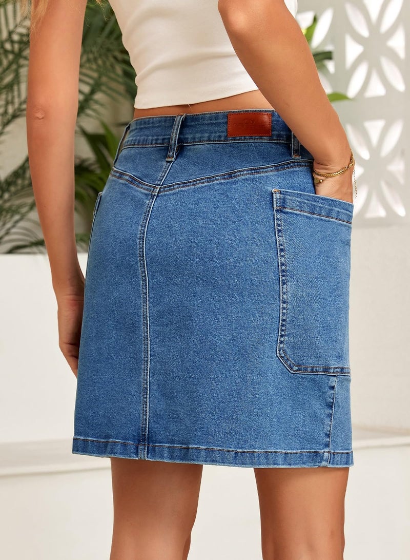 Sidefeel Women's Jean Skirt High Waisted Stretchy Casual Denim Above Knee Skirts with Patch Pockets Light Blue Medium - Image 2
