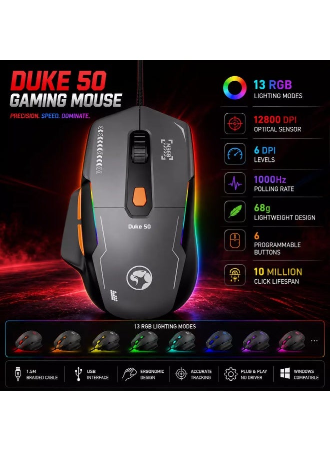 مارفو ماوس الألعاب السلكي DUKE 50 M368 RGB - مستشعر بصري بدقة 12800 نقطة في البوصة، معدل استجابة 1000 هرتز - Image 4