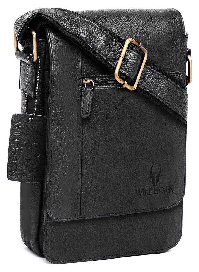 WildHorn Leather Sling Messenger Bag for Men I Multipurpose Crossbody Bag I Travel Bag with Adjustable Strap I IDIMENSION: L- 8 inch H- 10.5 inch W- 2.75 inch (BLACK) - Image 1