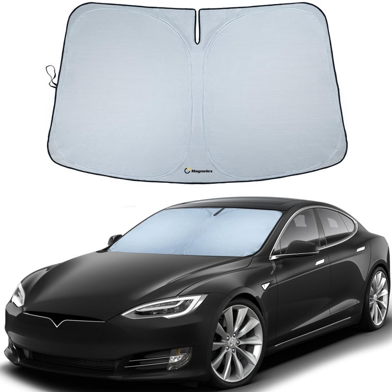 Magnelex Tesla Windshield Sun Shade Model S Reflective Polyester Blocks Heat  Sun Foldable Car Window Sun Blocker Mirror CutOut FadeResistant Sunshade Tesla S Accessories