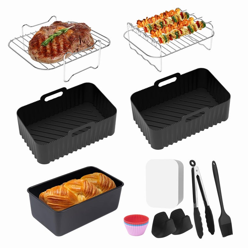 مجموعة ملحقات قلاية الهواء الكبيرة الحجم مكونة من 11 قطعة لملحقات قلاية الهواء نينجا متوافقة مع قلاية نينجا فودي المزدوجة AF400UK AF451UK ومعظم قلايات الهواء 95L بطانة قلاية الهواء السيليكون المحدثة