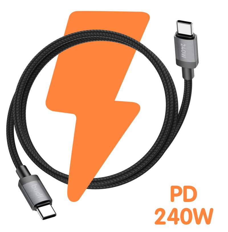 بودي كابل شحن سريع USB-C إلى USB-C بقدرة 240 واط (تقنية PD)، بطول 3 أمتار / 9.8 قدم (DC265TT30B)؛ كابل مغطى بجديلة من النايلون، مزود بشريحة E-Marker وهيكل من الألومنيوم، باللون الأسود. - Image 2