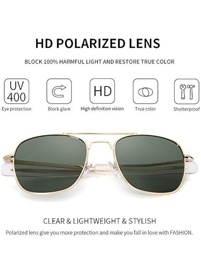 Mens Aviator Sunglasses Polarized 55mm Pilot Military Square Shades with Bayonet Temples - Image 3