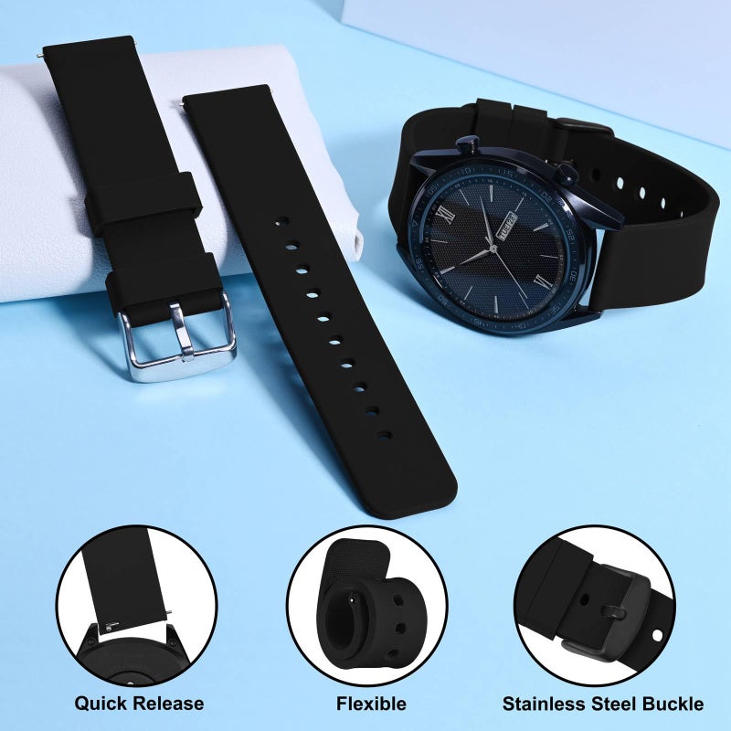 WOCCI 24mm Silicone Watch Band, Quick Release Rubber Replacement Strap with Black Stainless Steel Buckle (Black) - Image 3