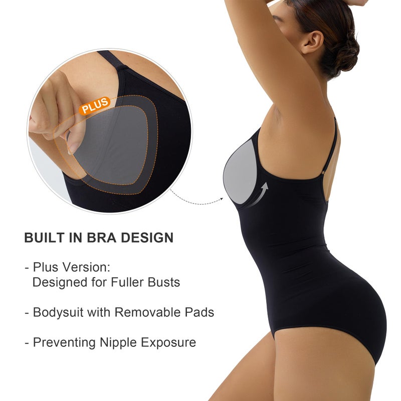 SHAPERX Women's Seamless Bodysuits Tummy Control Shapewear Briefs Body Shaper with Removable Pads,SZ5433-Black-L/XL - Image 2