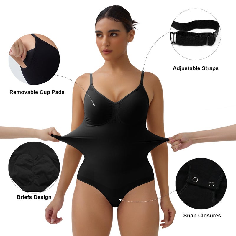 SHAPERX Women's Seamless Bodysuits Tummy Control Shapewear Briefs Body Shaper with Removable Pads,SZ5433-Black-L/XL - Image 4