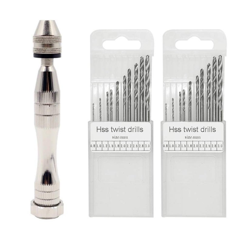 Hand Pin Vise with 20 Pcs Drill Bits FineGood Precision Hand Drill Rotary Tool with Mini Twist Drill Bits Set for Resin Casting Molds Jewelry Wood Plastic Making