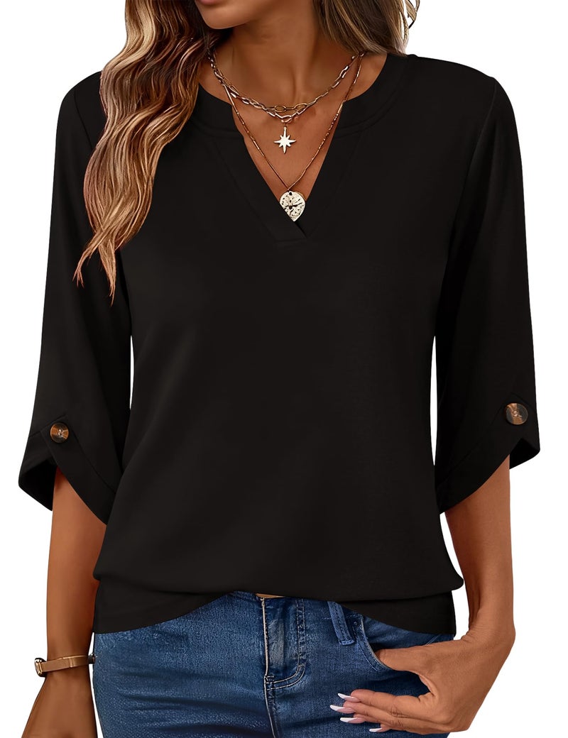 Kistore Women Spring Blouses Hide Belly Casual Shirts Elegant Ladies Tops 3/4 Length Sleeve Decorative Button Black XL - Image 1