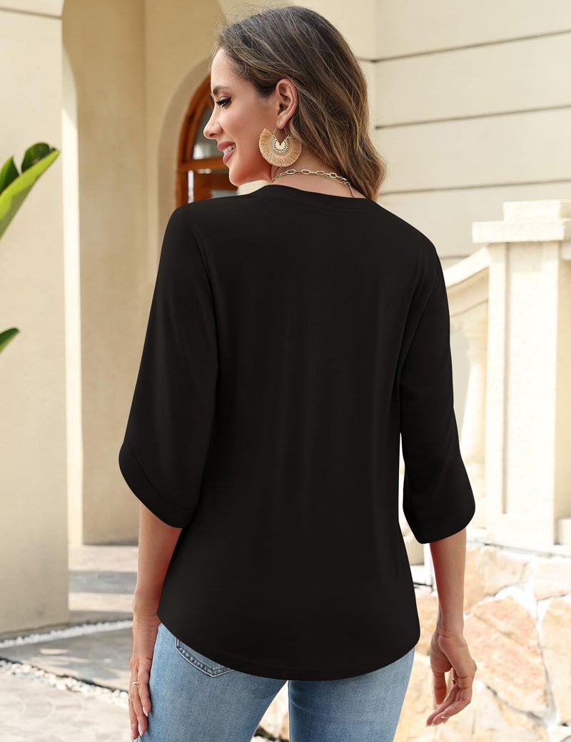 Kistore Women Spring Blouses Hide Belly Casual Shirts Elegant Ladies Tops 3/4 Length Sleeve Decorative Button Black XL - Image 4