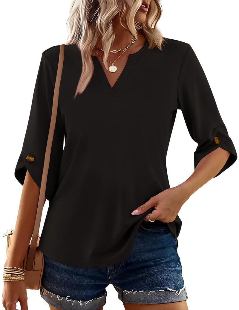 Kistore Women Spring Blouses Hide Belly Casual Shirts Elegant Ladies Tops 3/4 Length Sleeve Decorative Button Black XL - Image 2