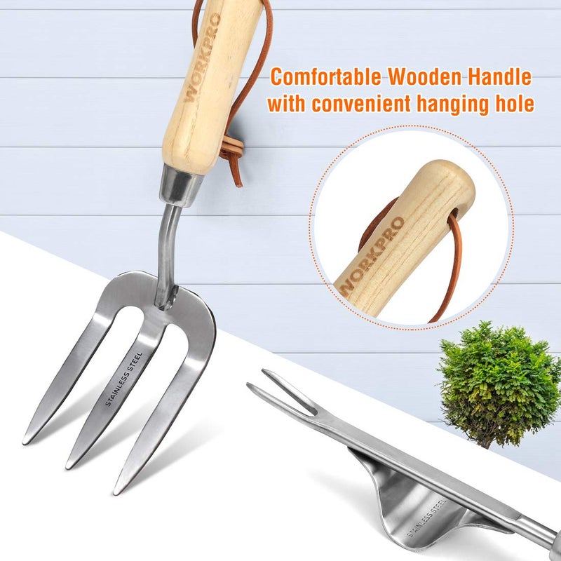 WORKPRO Garden Tools Set, 8 Piece, Stainless Steel Heavy Duty Gardening Tools with Wooden Handle, Including Garden Tote, Gloves, Trowel, Hand Weeder, Cultivator and More-Gardening Gifts For Women Men - Image 5