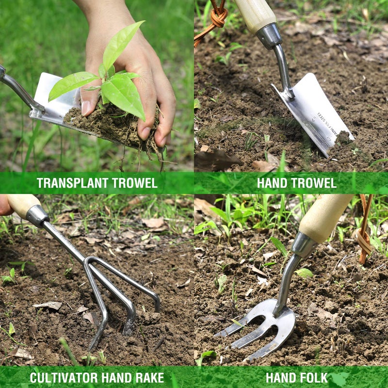 WORKPRO Garden Tools Set, 8 Piece, Stainless Steel Heavy Duty Gardening Tools with Wooden Handle, Including Garden Tote, Gloves, Trowel, Hand Weeder, Cultivator and More-Gardening Gifts For Women Men - Image 3
