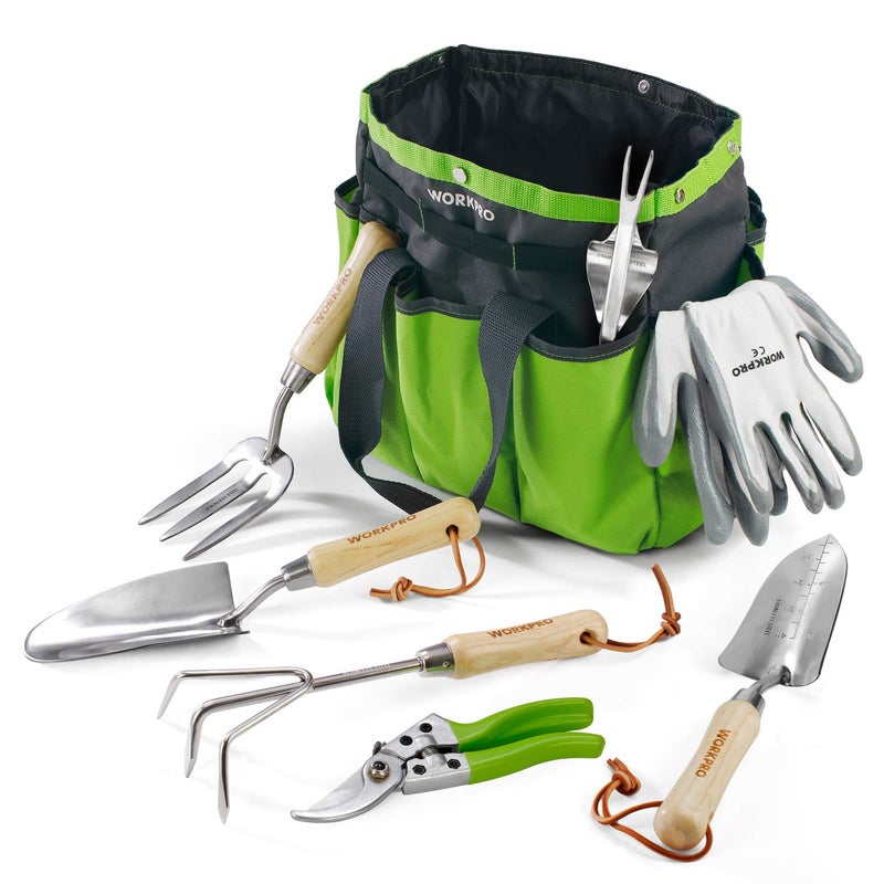 WORKPRO Garden Tools Set, 8 Piece, Stainless Steel Heavy Duty Gardening Tools with Wooden Handle, Including Garden Tote, Gloves, Trowel, Hand Weeder, Cultivator and More-Gardening Gifts For Women Men - Image 1