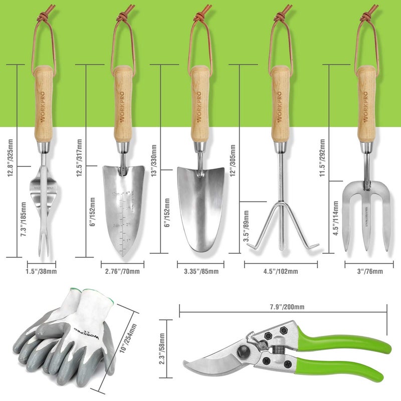 WORKPRO Garden Tools Set, 8 Piece, Stainless Steel Heavy Duty Gardening Tools with Wooden Handle, Including Garden Tote, Gloves, Trowel, Hand Weeder, Cultivator and More-Gardening Gifts For Women Men - Image 2