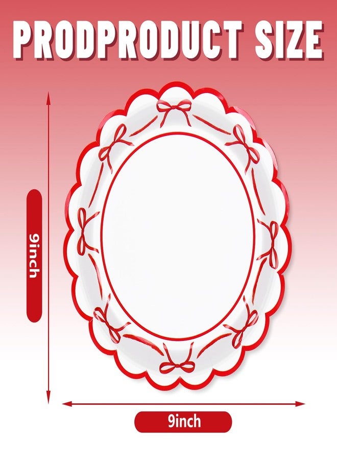 JarThenaAMCS 50 Pcs Red Bow Paper Plates Bowknot Scalloped Disposable Plate Decorative Tableware for Holiday Party Decor Supplies, 9 In - Image 2