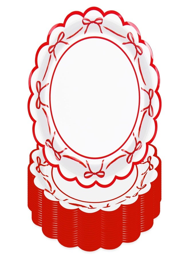 JarThenaAMCS 50 Pcs Red Bow Paper Plates Bowknot Scalloped Disposable Plate Decorative Tableware for Holiday Party Decor Supplies, 9 In - Image 1