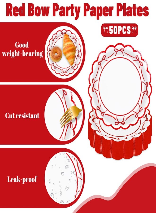 JarThenaAMCS 50 Pcs Red Bow Paper Plates Bowknot Scalloped Disposable Plate Decorative Tableware for Holiday Party Decor Supplies, 9 In - Image 3