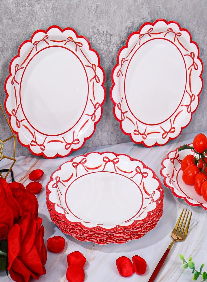 JarThenaAMCS 50 Pcs Red Bow Paper Plates Bowknot Scalloped Disposable Plate Decorative Tableware for Holiday Party Decor Supplies, 9 In - Image 5