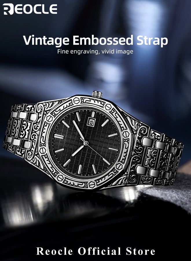 REOCLE Men's Quartz Watches with Unique Carved Pattern & Stainless Steel Strap & Calendar & Waterproof Dial Retro Classic Wrist Watch - Image 3