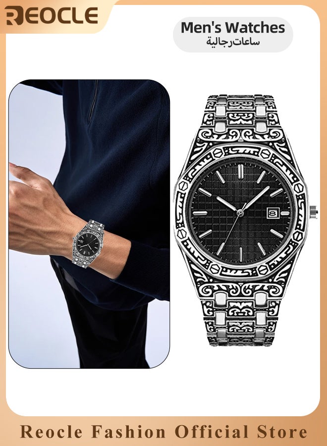 REOCLE Men's Quartz Watches with Unique Carved Pattern & Stainless Steel Strap & Calendar & Waterproof Dial Retro Classic Wrist Watch - Image 1