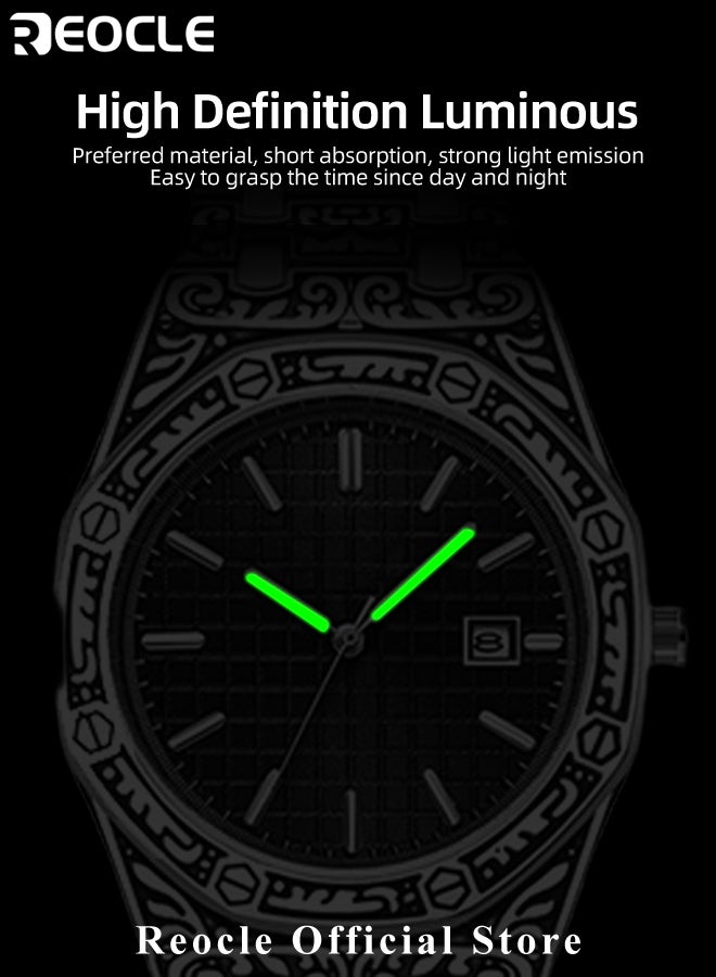 REOCLE Men's Quartz Watches with Unique Carved Pattern & Stainless Steel Strap & Calendar & Waterproof Dial Retro Classic Wrist Watch - Image 4