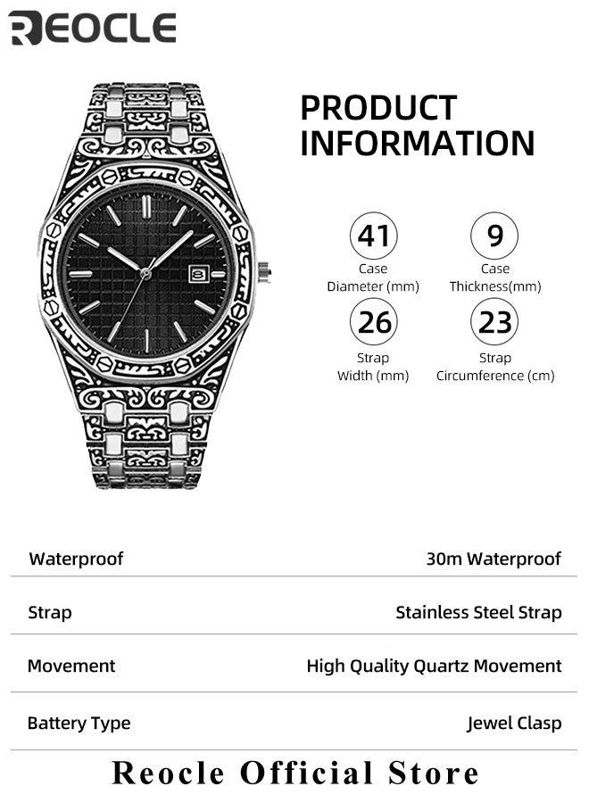 REOCLE Men's Quartz Watches with Unique Carved Pattern & Stainless Steel Strap & Calendar & Waterproof Dial Retro Classic Wrist Watch - Image 5