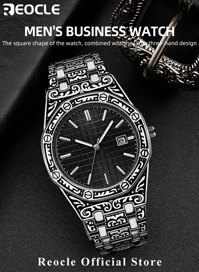 REOCLE Men's Quartz Watches with Unique Carved Pattern & Stainless Steel Strap & Calendar & Waterproof Dial Retro Classic Wrist Watch - Image 2