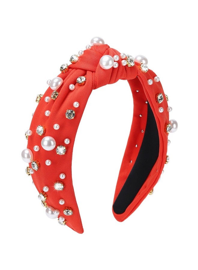 WantGor Pearl Knotted Headband Women Rhinestone Embellished Hairband Elegant Wide Top Knot Bride Headbands Headpieces Party Fashion Elegant Ladies Hair Band Hair Hoop Accessories (Red) - Image 1