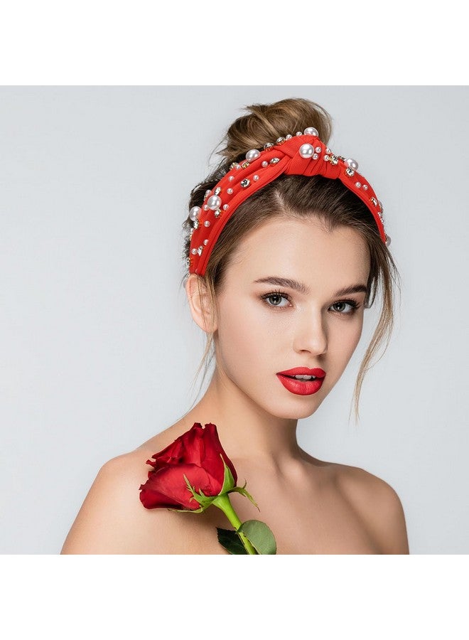WantGor Pearl Knotted Headband Women Rhinestone Embellished Hairband Elegant Wide Top Knot Bride Headbands Headpieces Party Fashion Elegant Ladies Hair Band Hair Hoop Accessories (Red) - Image 4