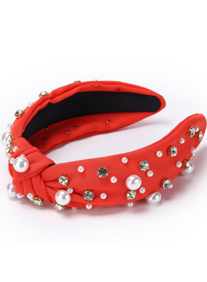 WantGor Pearl Knotted Headband Women Rhinestone Embellished Hairband Elegant Wide Top Knot Bride Headbands Headpieces Party Fashion Elegant Ladies Hair Band Hair Hoop Accessories (Red) - Image 2