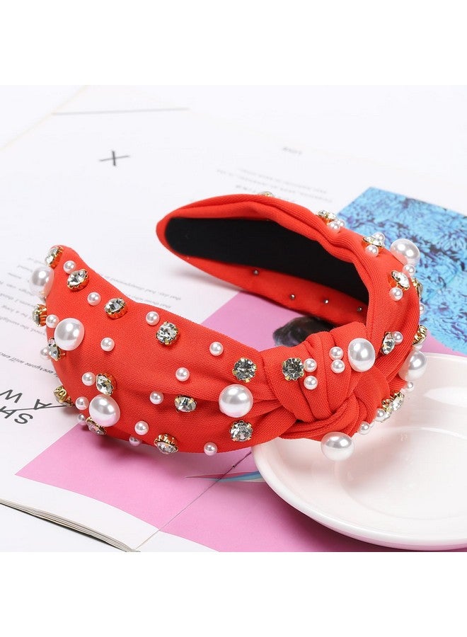 WantGor Pearl Knotted Headband Women Rhinestone Embellished Hairband Elegant Wide Top Knot Bride Headbands Headpieces Party Fashion Elegant Ladies Hair Band Hair Hoop Accessories (Red) - Image 3