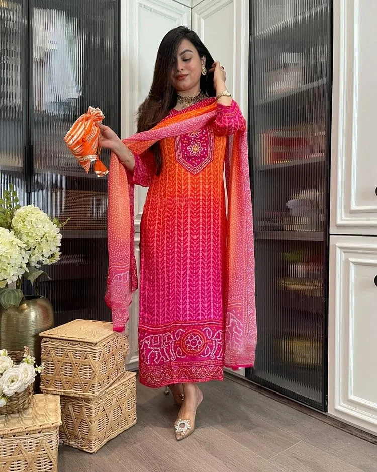 GoSriKi  GoSriKi Women's Rayon Viscose Straight Bandhej Printed Kurta with Pant & Dupatta (SHRIHA Multi-GS_L_Multicolor_Large) for Women | Best Price UAE