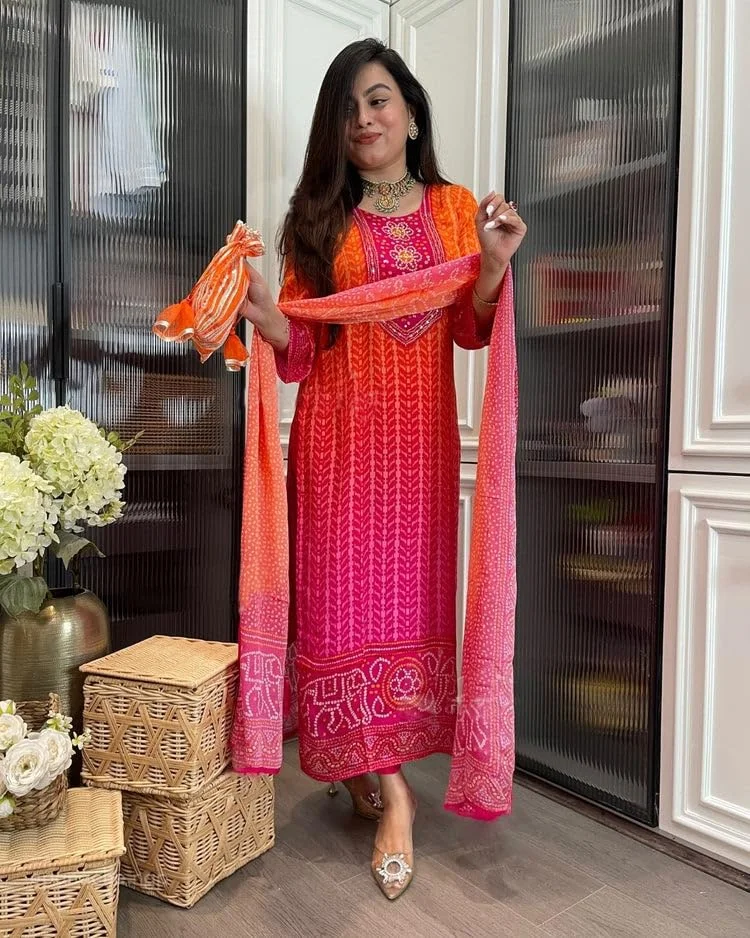 GoSriKi  GoSriKi Women's Rayon Viscose Straight Bandhej Printed Kurta with Pant & Dupatta (SHRIHA Multi-GS_L_Multicolor_Large) for Women | Best Price UAE