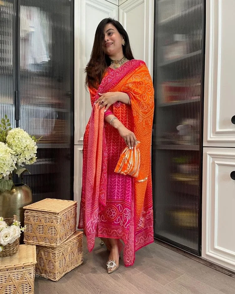 GoSriKi  GoSriKi Women's Rayon Viscose Straight Bandhej Printed Kurta with Pant & Dupatta (SHRIHA Multi-GS_L_Multicolor_Large) for Women | Best Price UAE