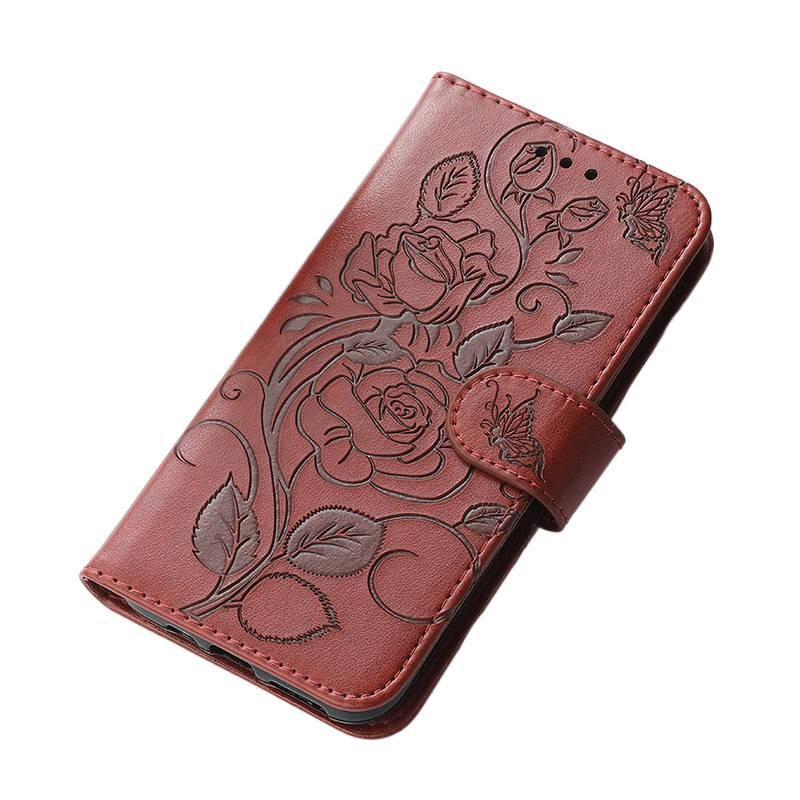 غطاء واقي | بني ملمس جلد | نقش وردي بارز | حامل قائم | لـ iPhone 14 / 14 Plus / 14 Pro / 14 Pro Max - Image 1