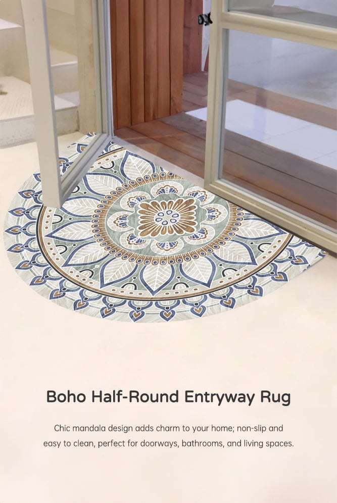 SHABILI Half Round Entryway Rug for Home Decoration Indoor, Mandala Doormat in Polyester Fiber, Low Profile Non Slip, Washable, Blue/Beige, for Families, Great for Doorways, Kitchens and Covered Porches - Image 2