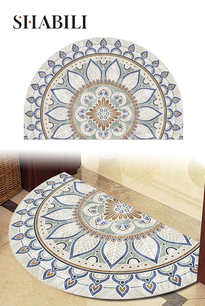 SHABILI Half Round Entryway Rug for Home Decoration Indoor, Mandala Doormat in Polyester Fiber, Low Profile Non Slip, Washable, Blue/Beige, for Families, Great for Doorways, Kitchens and Covered Porches - Image 1