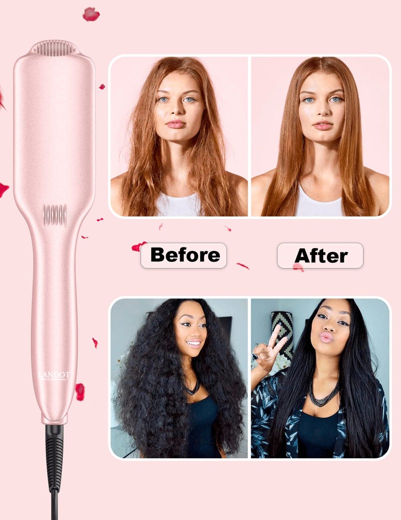 LANDOT Ionic Hair Straightener Brush for Smooth & Shiny Hair, Dual Voltage Ceramic Straightening Brush with 12 Adjustable Heat Settings 250Â°F-450Â°F, Elegant Gift for Women, Rose Gold - Image 3