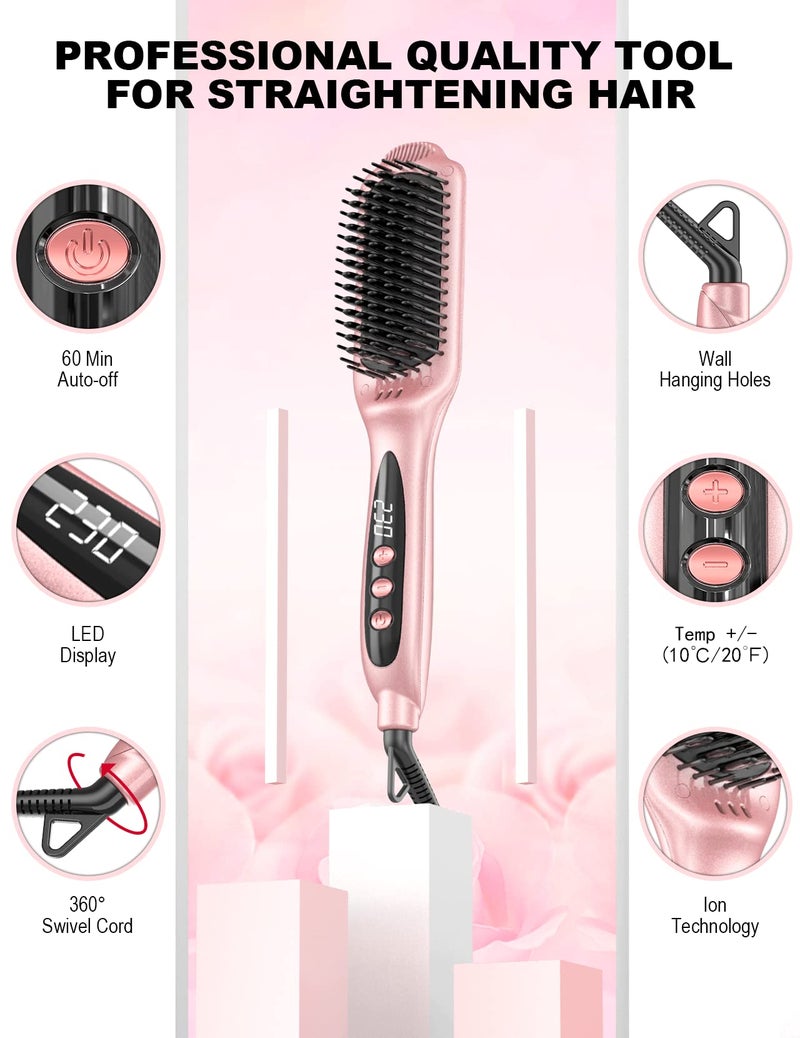 LANDOT Ionic Hair Straightener Brush for Smooth & Shiny Hair, Dual Voltage Ceramic Straightening Brush with 12 Adjustable Heat Settings 250Â°F-450Â°F, Elegant Gift for Women, Rose Gold - Image 5