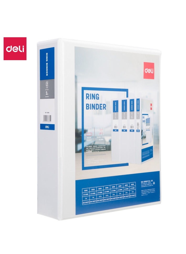 Deli E5616N CLASSIC A4 2-Inch 2D Ring Binder 270-Sheet Capacity – White PP & Cardboard for Office Filing & Document Organization – 1PC/Bag - Image 1