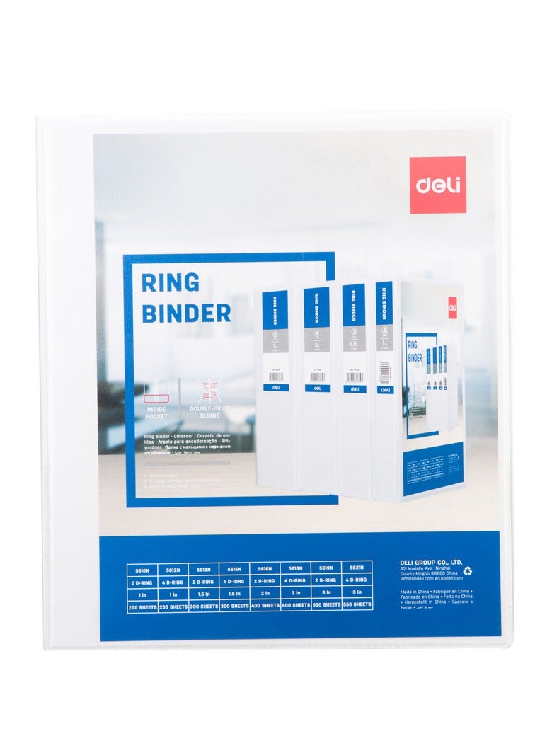 Deli E5616N CLASSIC A4 2-Inch 2D Ring Binder 270-Sheet Capacity – White PP & Cardboard for Office Filing & Document Organization – 1PC/Bag - Image 3