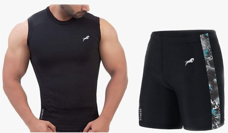 JUST RIDER Swimming Tshirts with Tights Compression Stretchable with Flat Look Top Sleeveless Tights T-Shirt for Sports Gym Short Combo (XL, Black) - Image 1