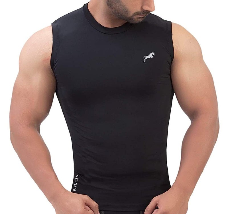 JUST RIDER Swimming Tshirts with Tights Compression Stretchable with Flat Look Top Sleeveless Tights T-Shirt for Sports Gym Short Combo (XL, Black) - Image 2