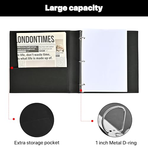 LETVPVOW Vintage Hardback 3 Ring Binder 1 Inch, Professional Leather Binder 3 Ring, Three Ring Binders Fits 8.5" x 11", D Ring Binders for Photo Album, Home, School and Office Supplies- Black - Image 3