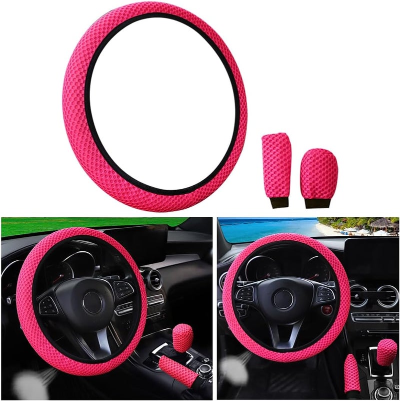 Bittwee 3PCS 15Inch Car Steering Wheel Cover Armrest Cover Gear Shift Cover Set, Microfiber Breathable Anti-Slip Automotive Steering Wheel Protector, Vehicle Interior Decor, Universal Fit（Rose Red） Trendy natural tone options - Image 1